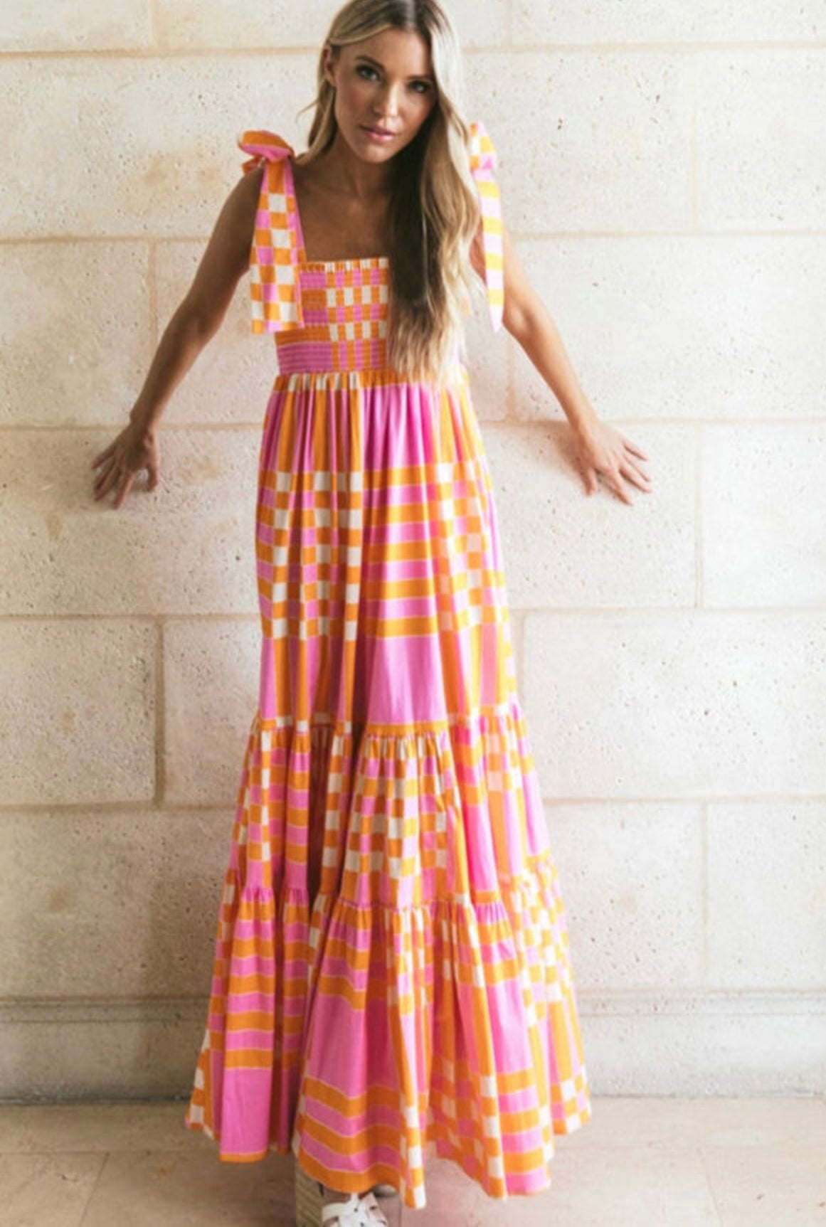 Gingham tied straps maxi dress