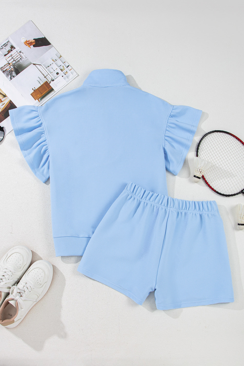 Ribbed Texture Half Zip Shorts Set