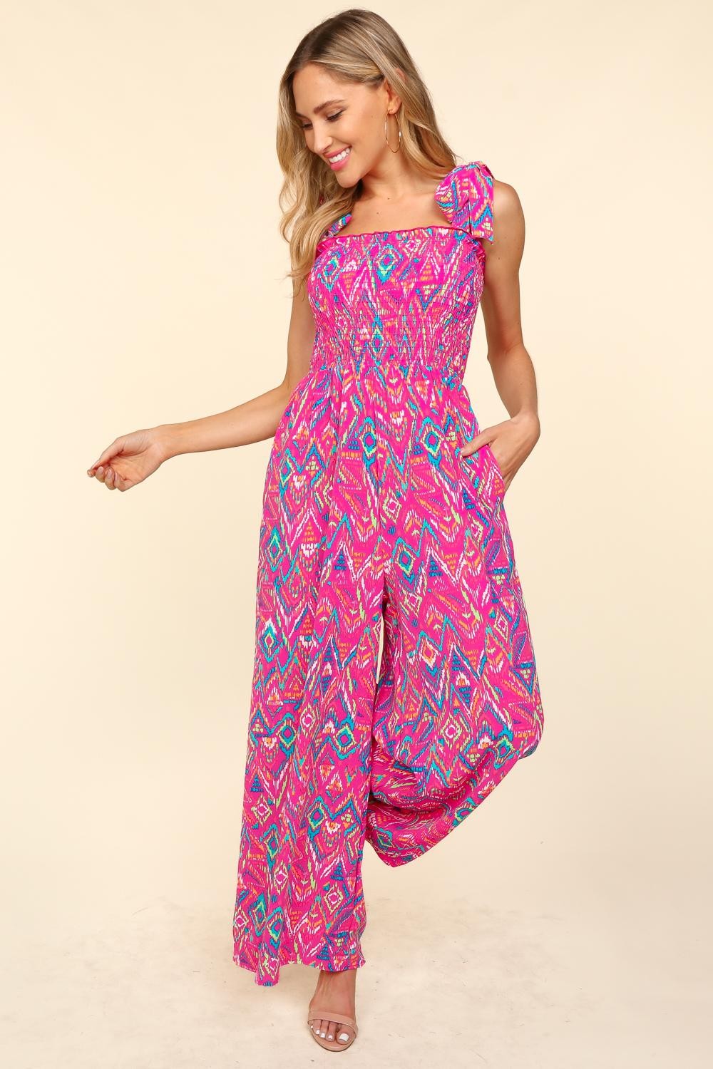 Smocked tie sleeve jumpsuit