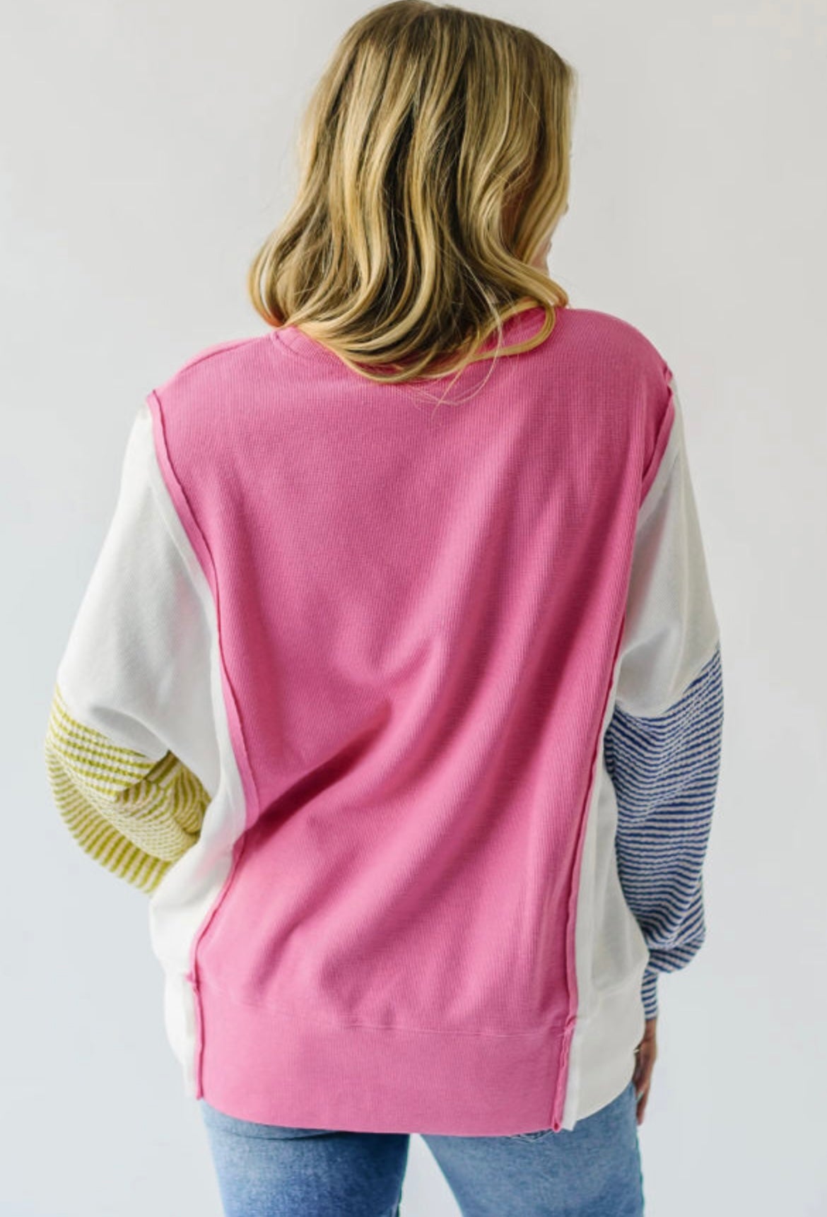 Patchwork long sleeve exposed seam top