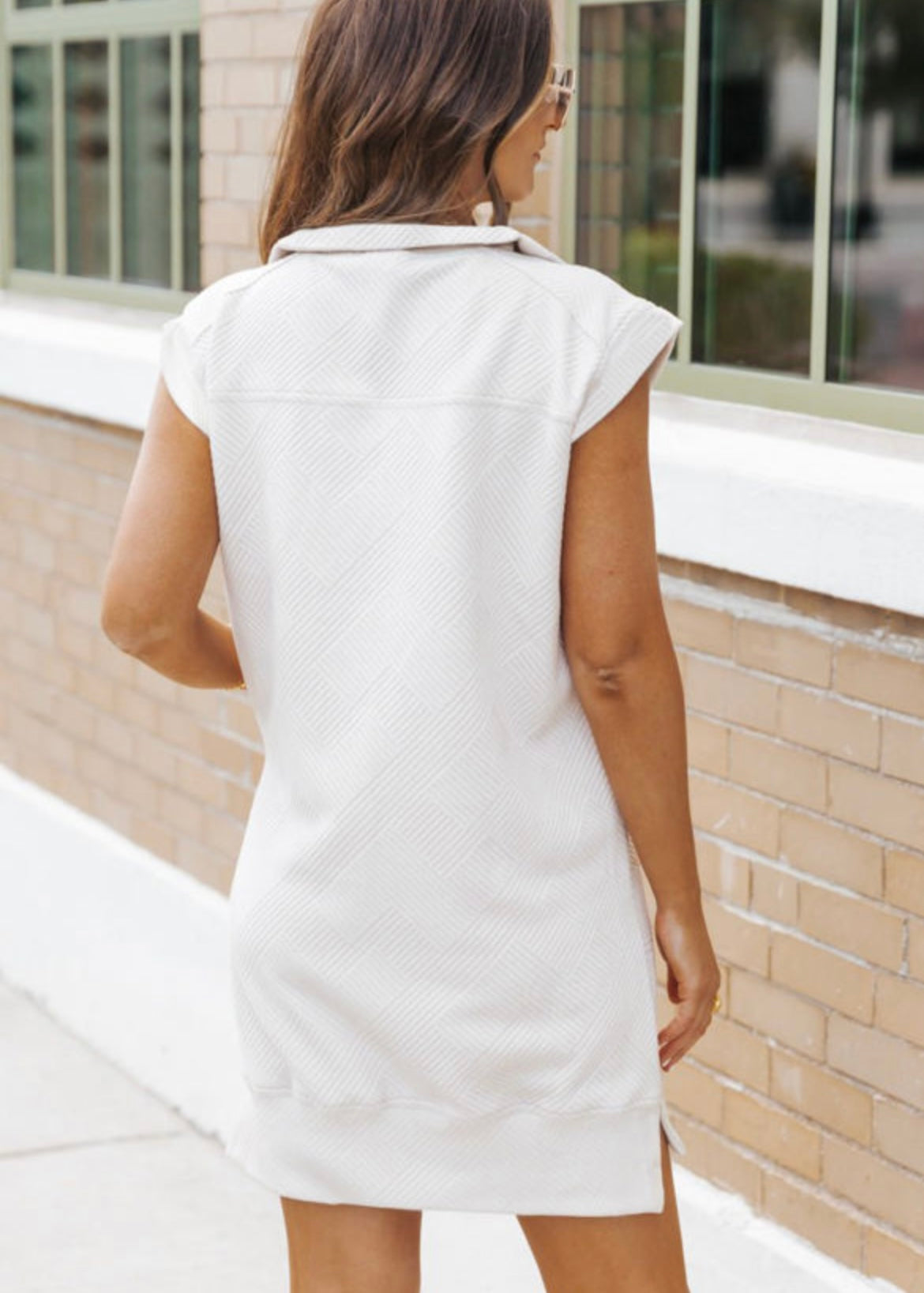 Textured half zip white dress
