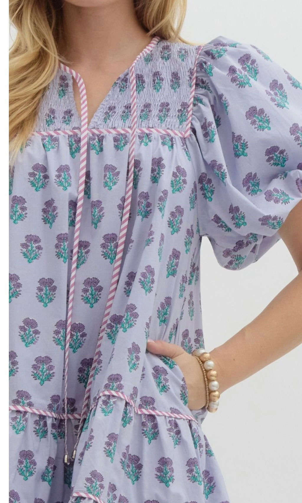 Lavender floral dress with pockets