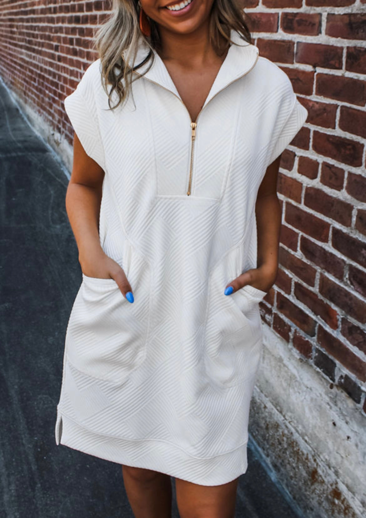 Textured half zip white dress