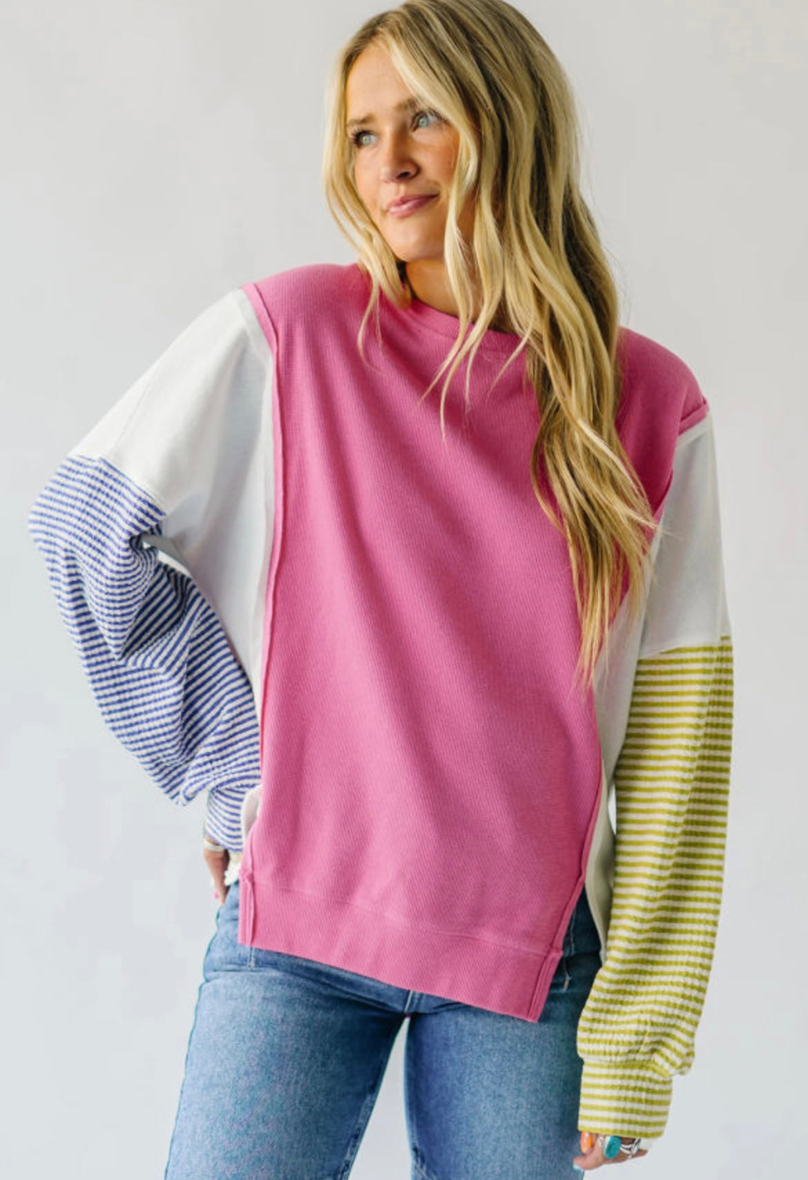 Patchwork long sleeve exposed seam top