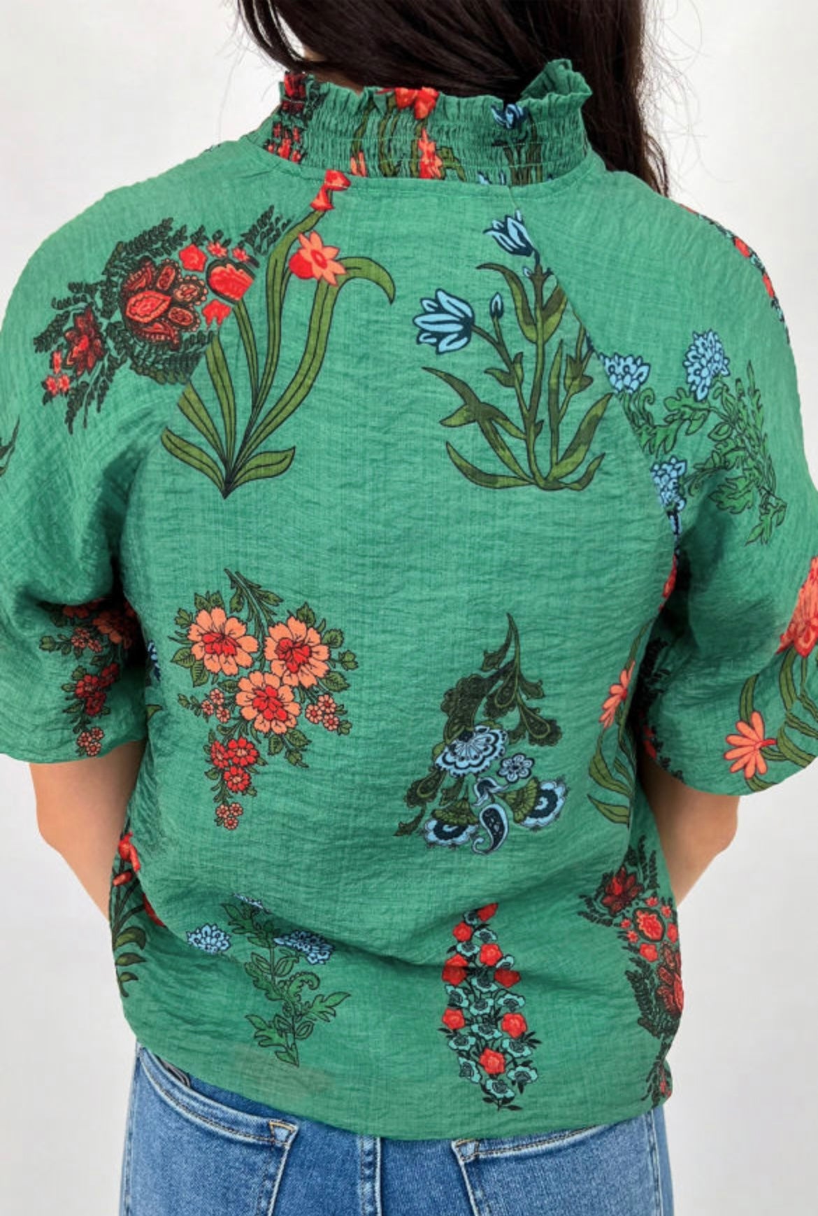 Green floral button v neck top