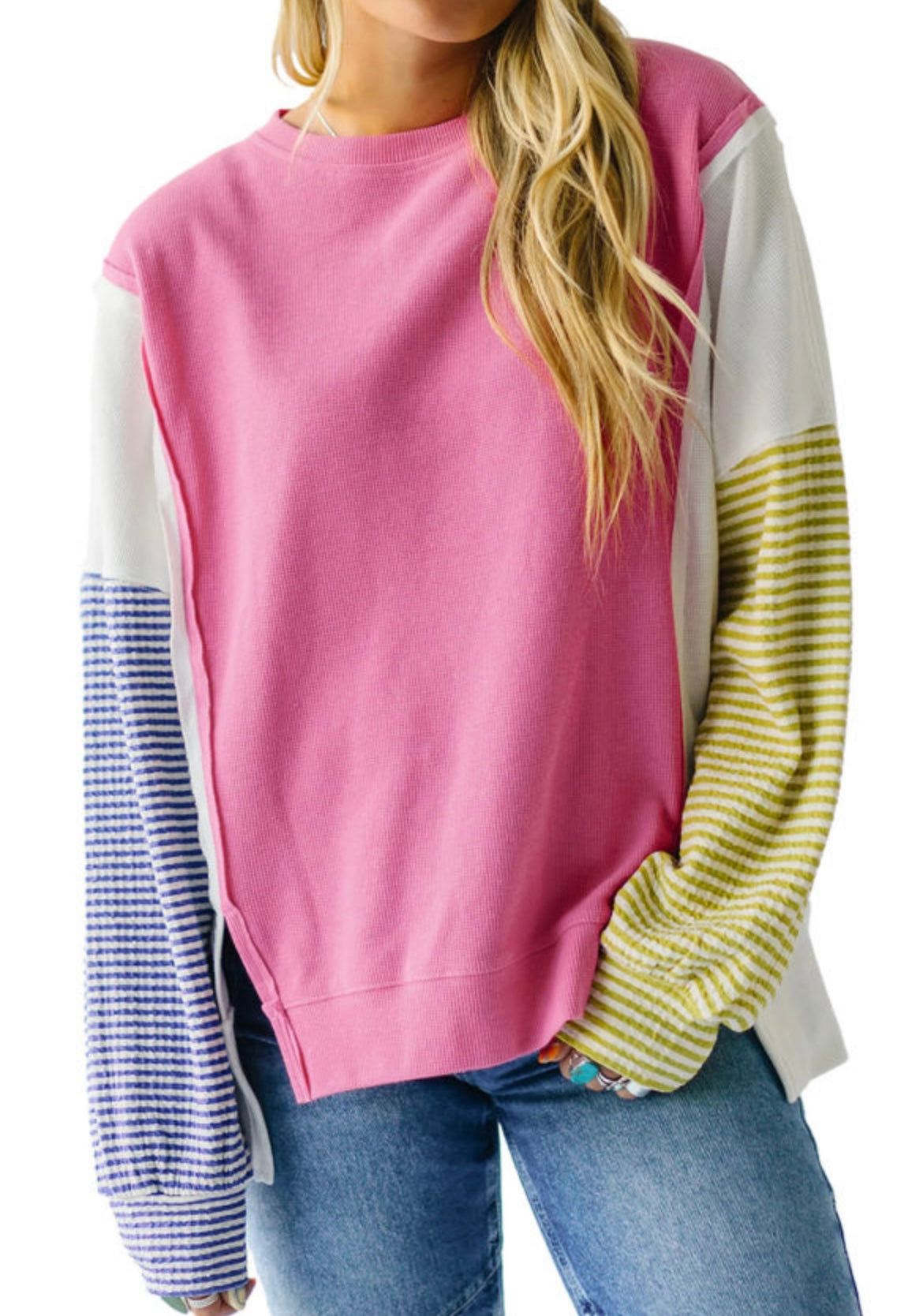 Patchwork long sleeve exposed seam top