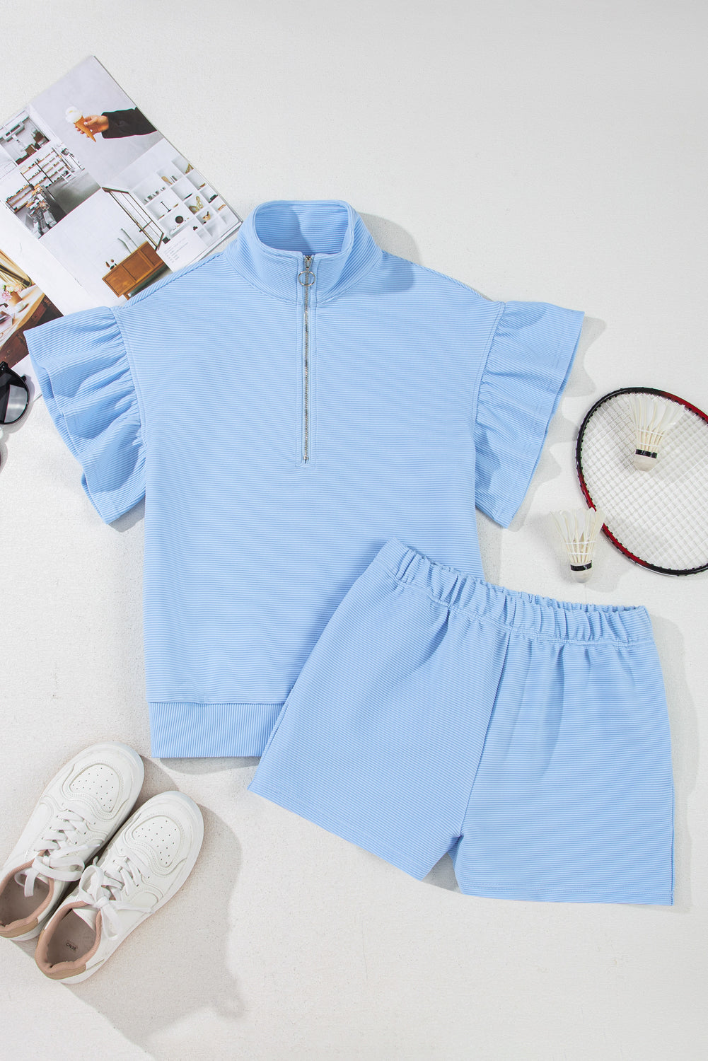 Ribbed Texture Half Zip Shorts Set