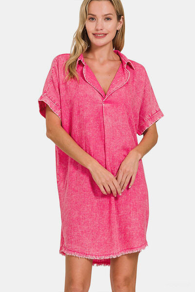 Zenana Washed Linen V-Neck Raw Hem Dress Zenana Washed Linen V-Neck Raw Hem Dress