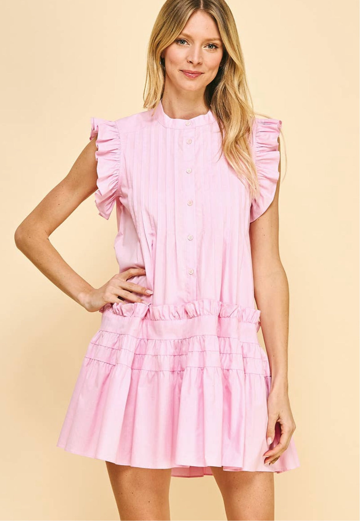 Button down pink ruffle dress