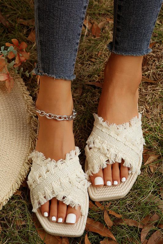 Beige Tassel Woven Crossed Straps Flat Sandal