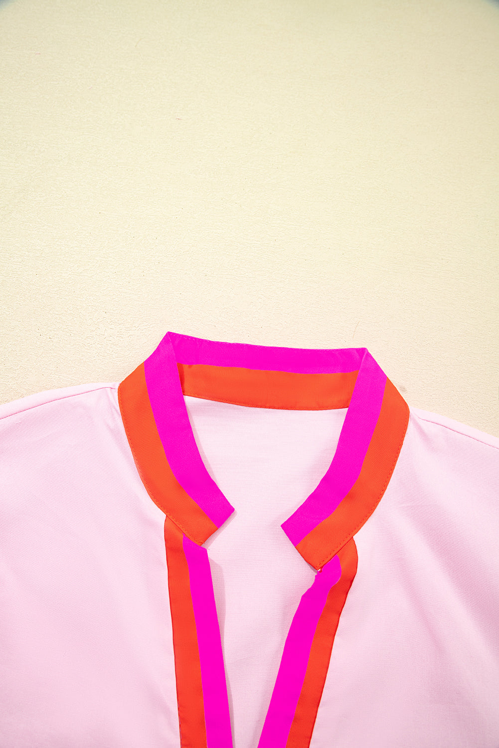 Pink Contrast Striped V Neck Blouse