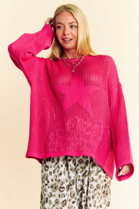 Star Front Crochet Drop Shoulder Knit Top