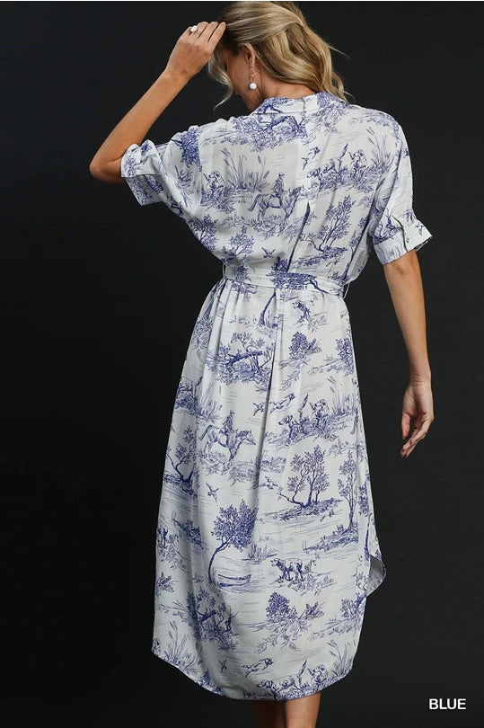 Landscape midi dress with tie waist