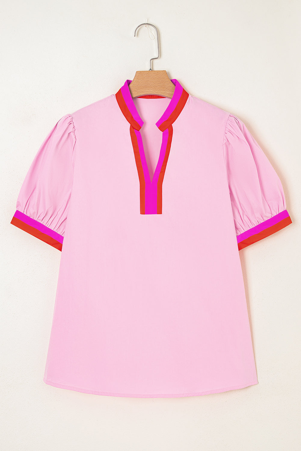 Pink Contrast Striped V Neck Blouse