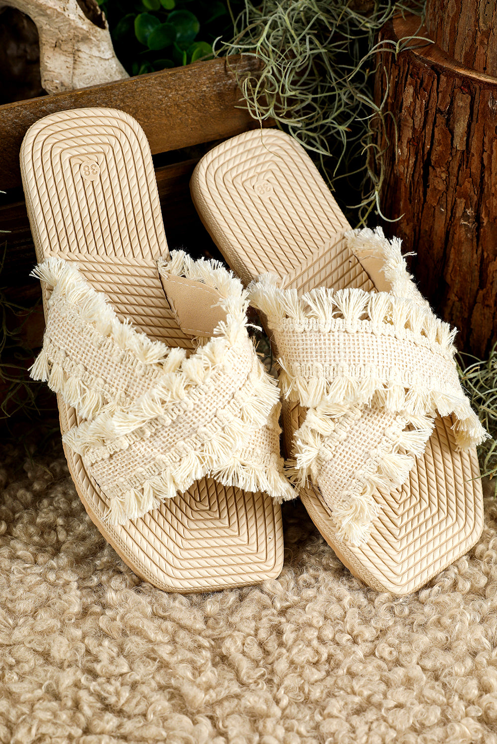 Beige Tassel Woven Crossed Straps Flat Sandal