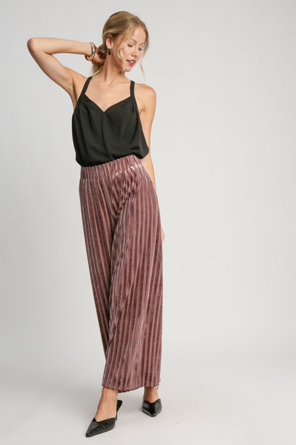 Elastic Waist Striped Wide Leg Velvet Pants