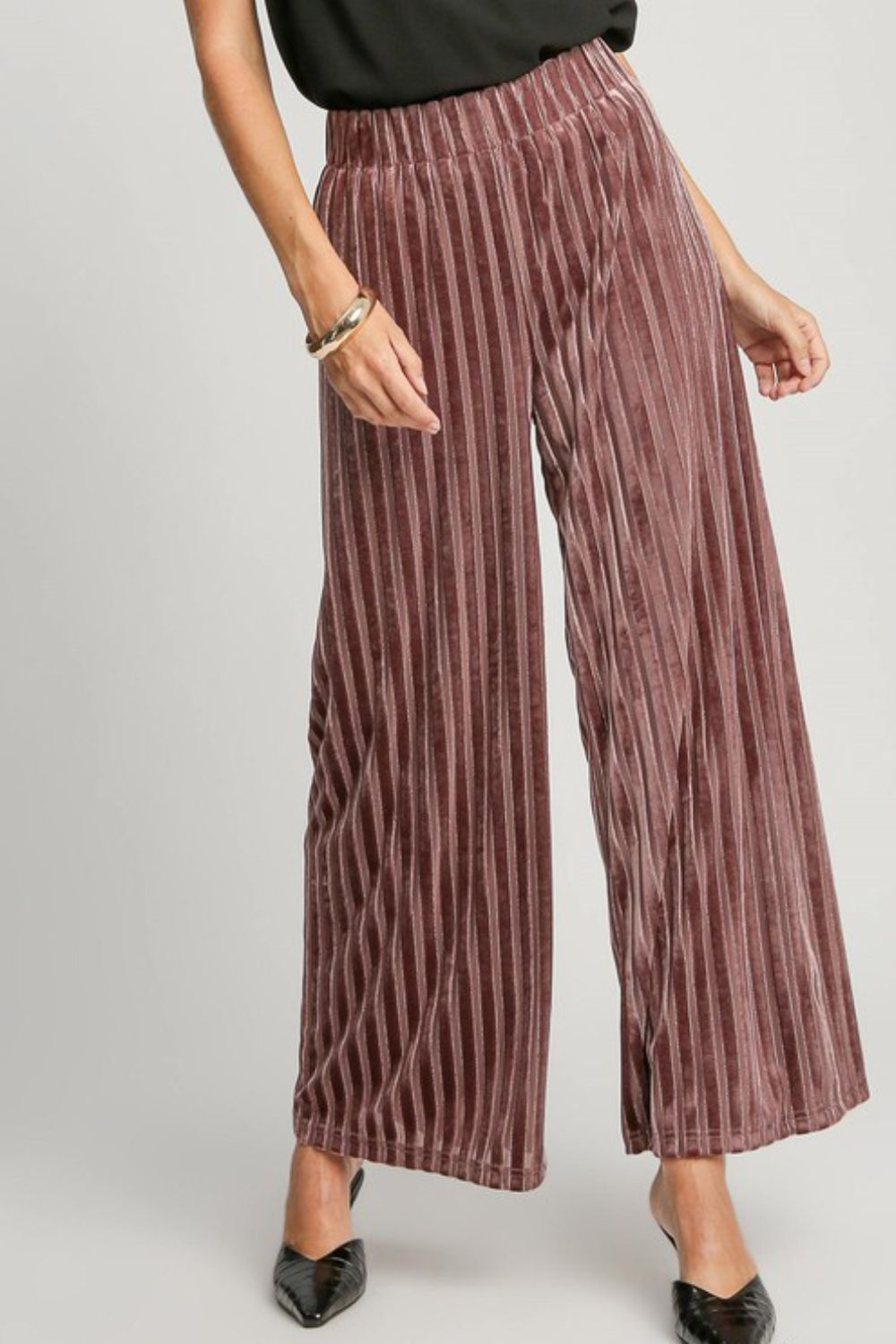 Elastic Waist Striped Wide Leg Velvet Pants