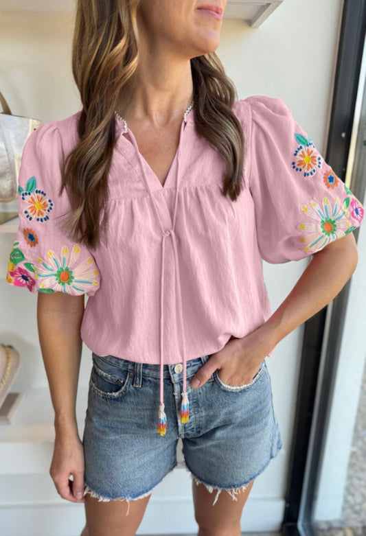 Embroidered puff sleeve top