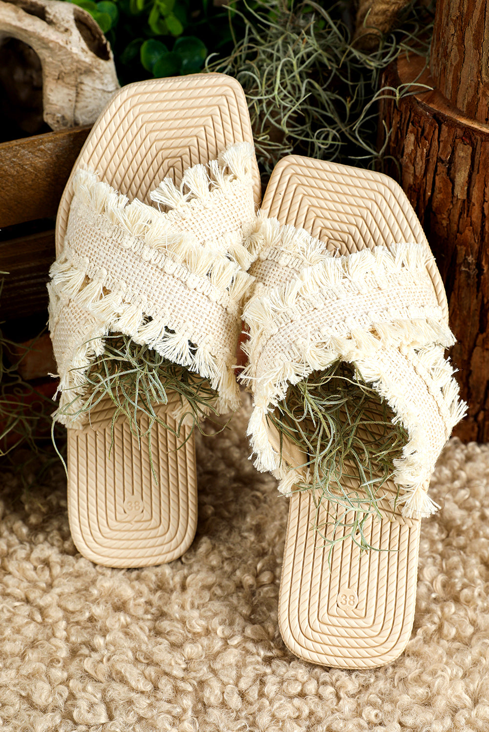 Beige Tassel Woven Crossed Straps Flat Sandal