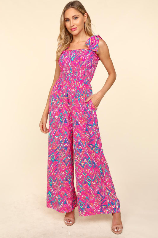 Smocked tie sleeve jumpsuit