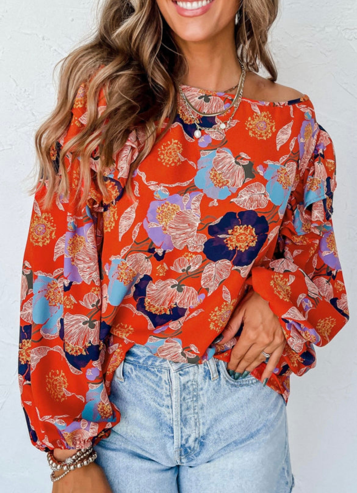 Red floral detailed sleeve blouse