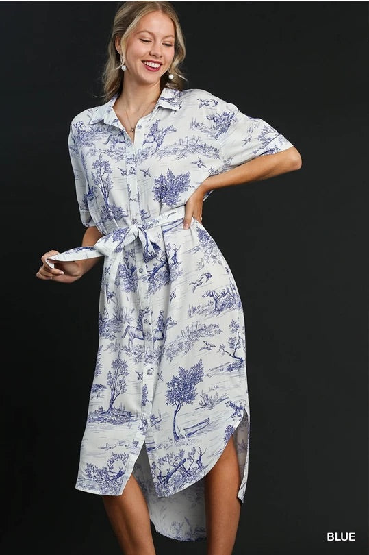 Landscape midi dress with tie waist