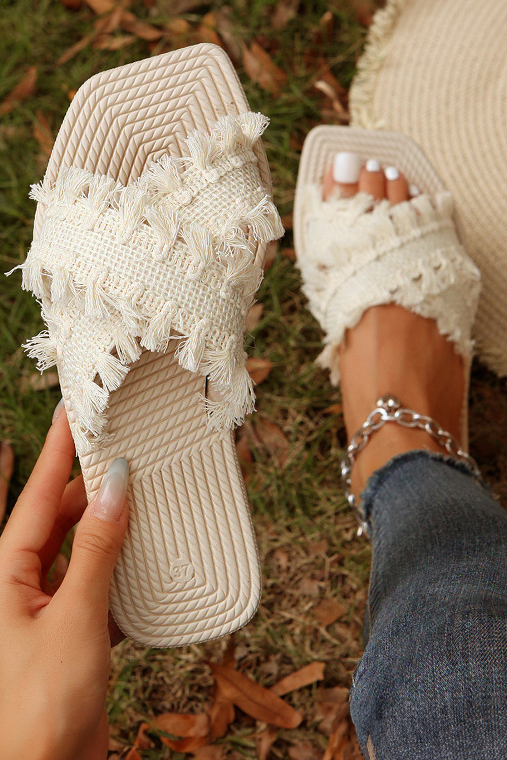 Beige Tassel Woven Crossed Straps Flat Sandal