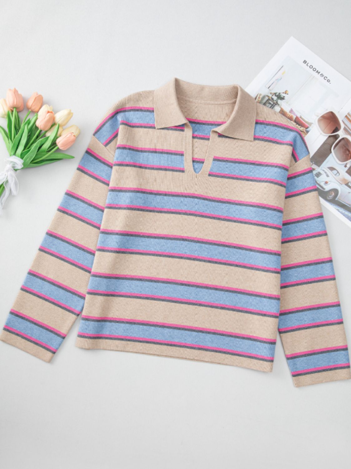 Collar Long Sleeve Stripe Sweater