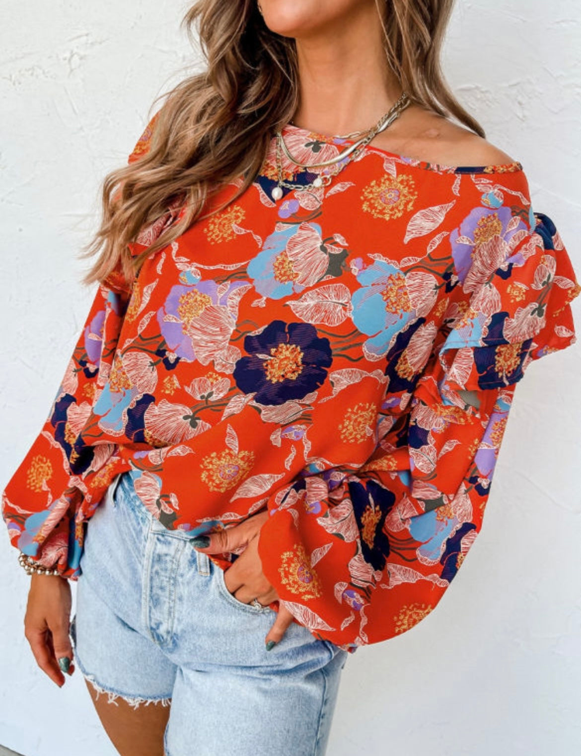 Red floral detailed sleeve blouse