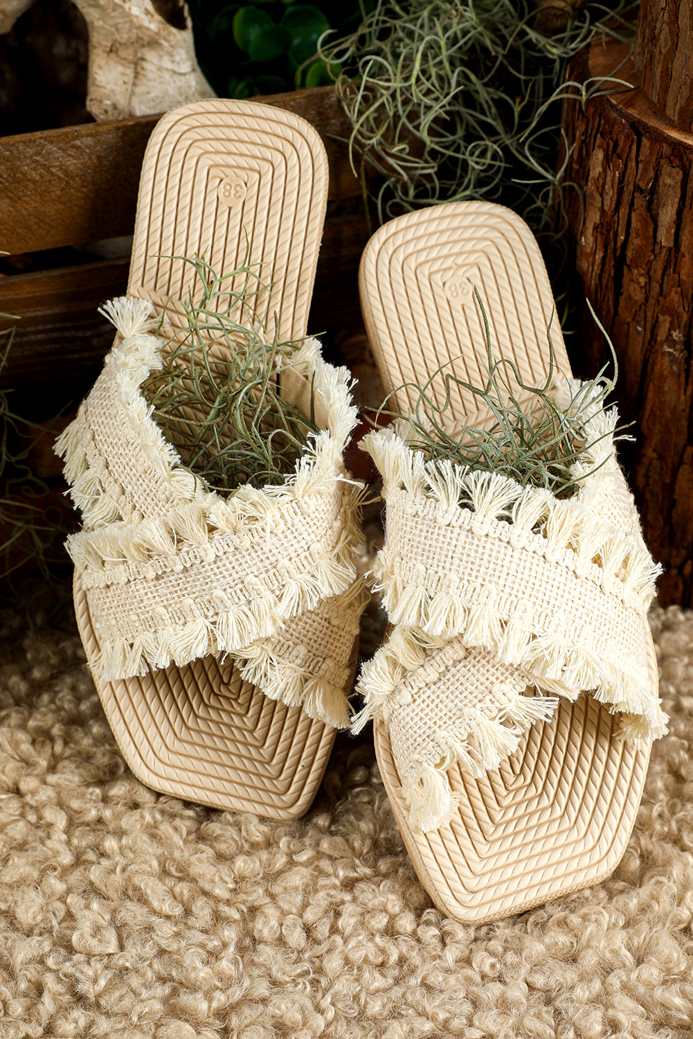 Beige Tassel Woven Crossed Straps Flat Sandal