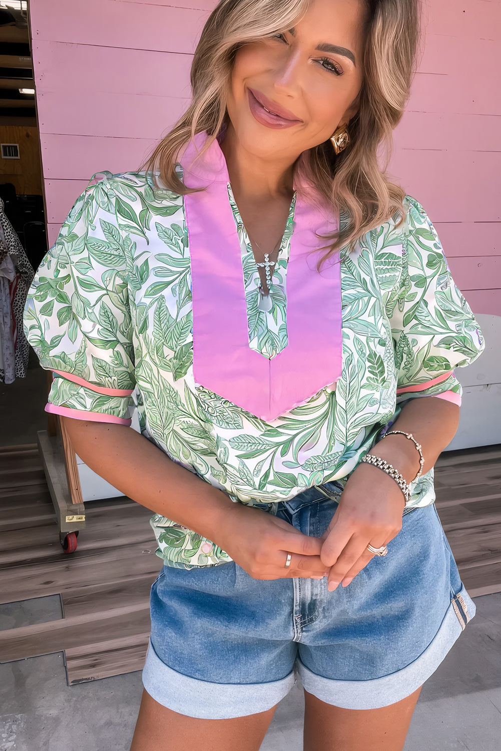 Green Leaves Pattern Color Block V Neck Puff Blouse