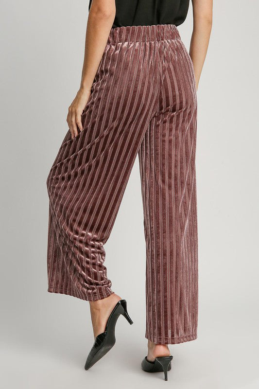 Elastic Waist Striped Wide Leg Velvet Pants