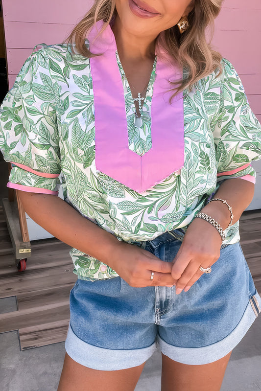 Green Leaves Pattern Color Block V Neck Puff Blouse