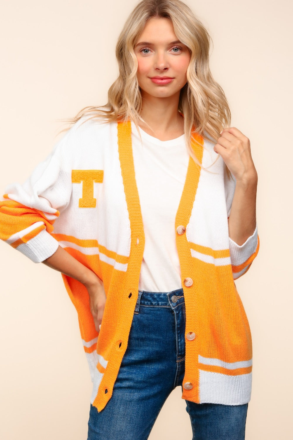 Button Down Letter Patch Cardigan