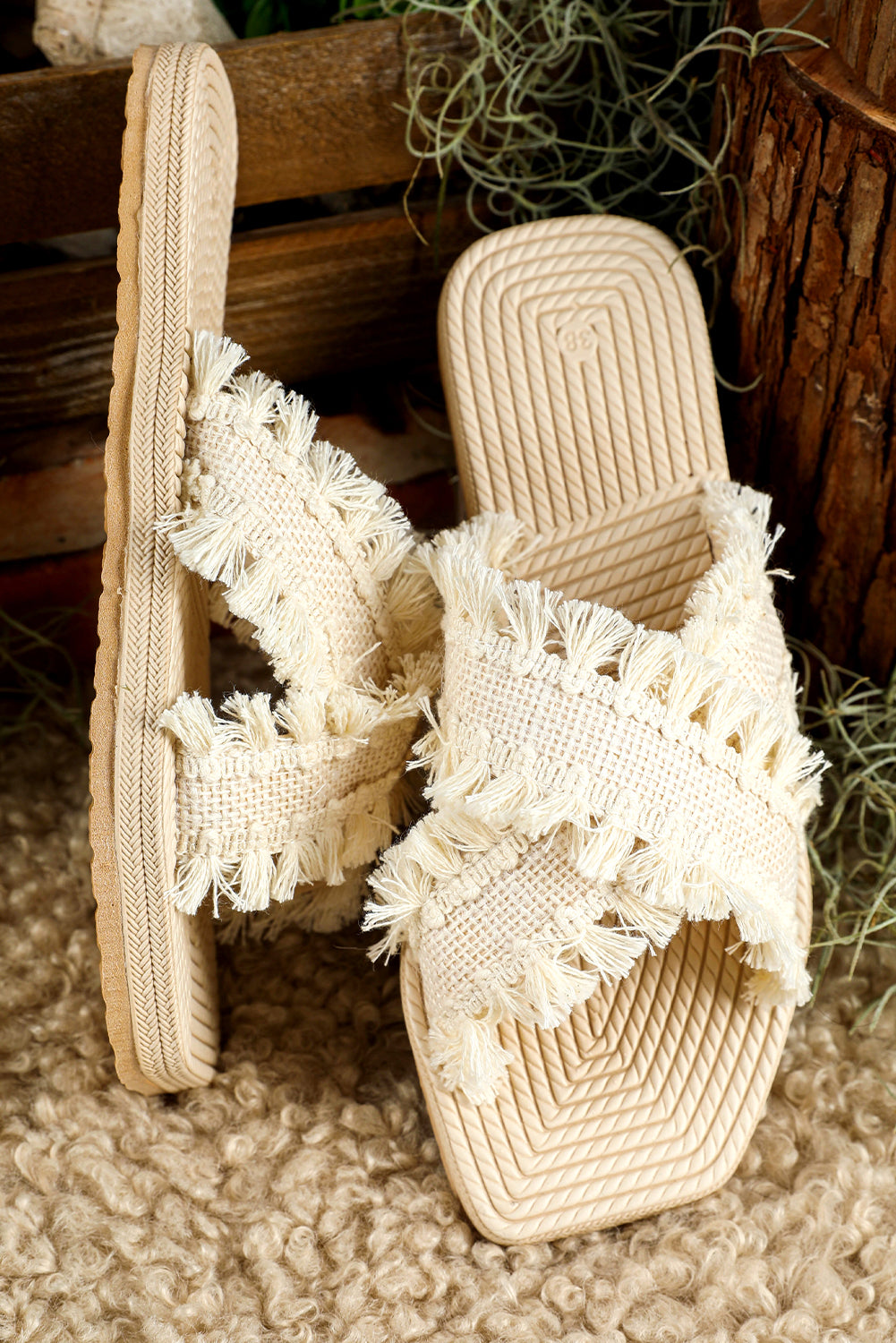 Beige Tassel Woven Crossed Straps Flat Sandal