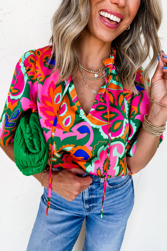 Rose Summer V Neck Short Sleeve Blouse