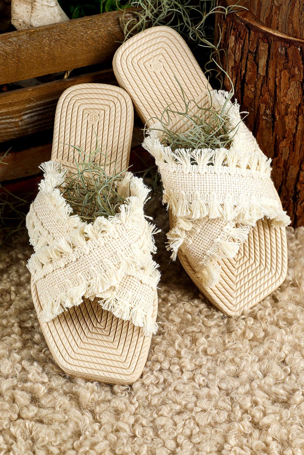 Beige Tassel Woven Crossed Straps Flat Sandal