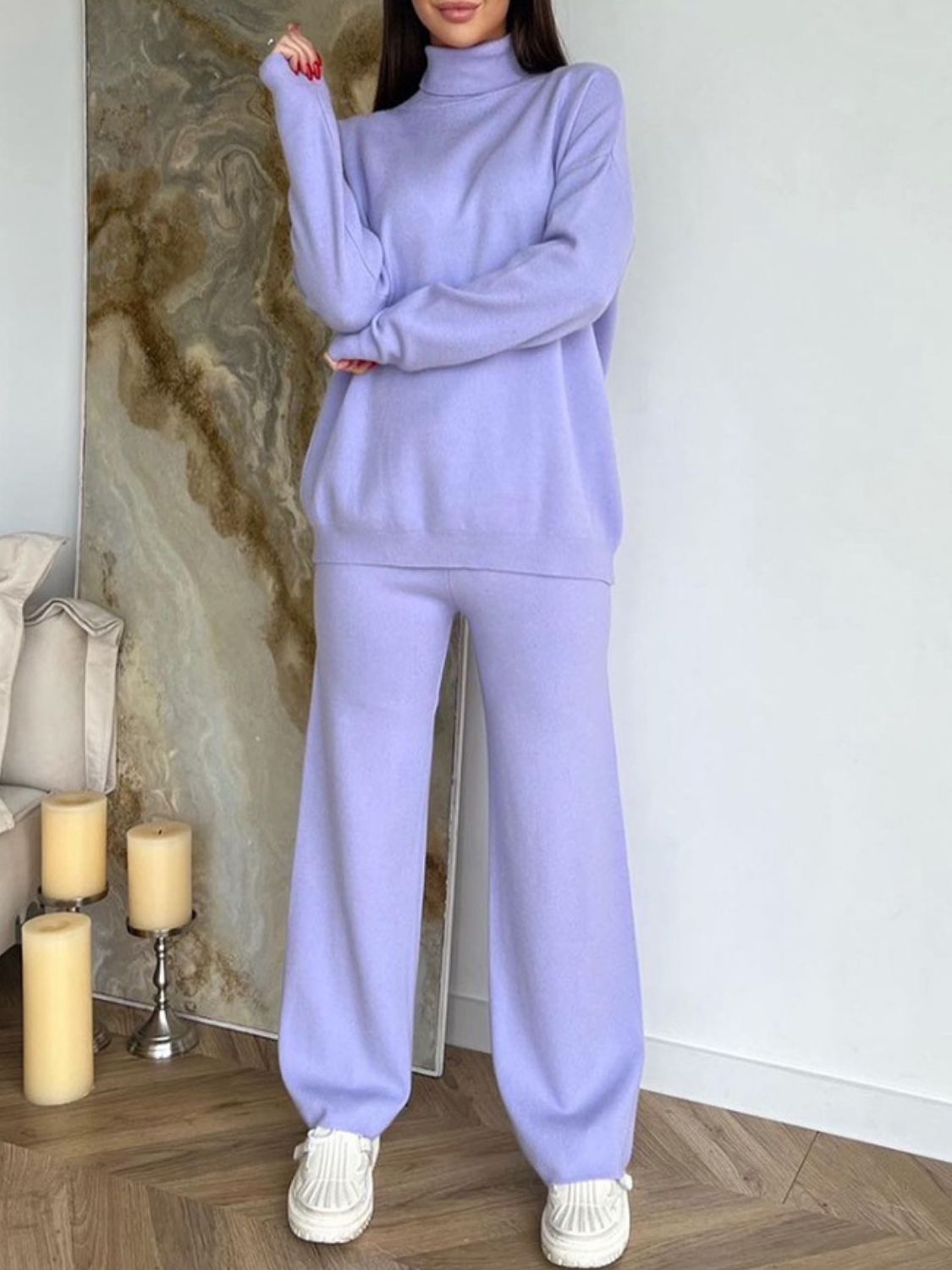 Turtleneck Long Sleeve Top and Drawstring Pants Sweater Set