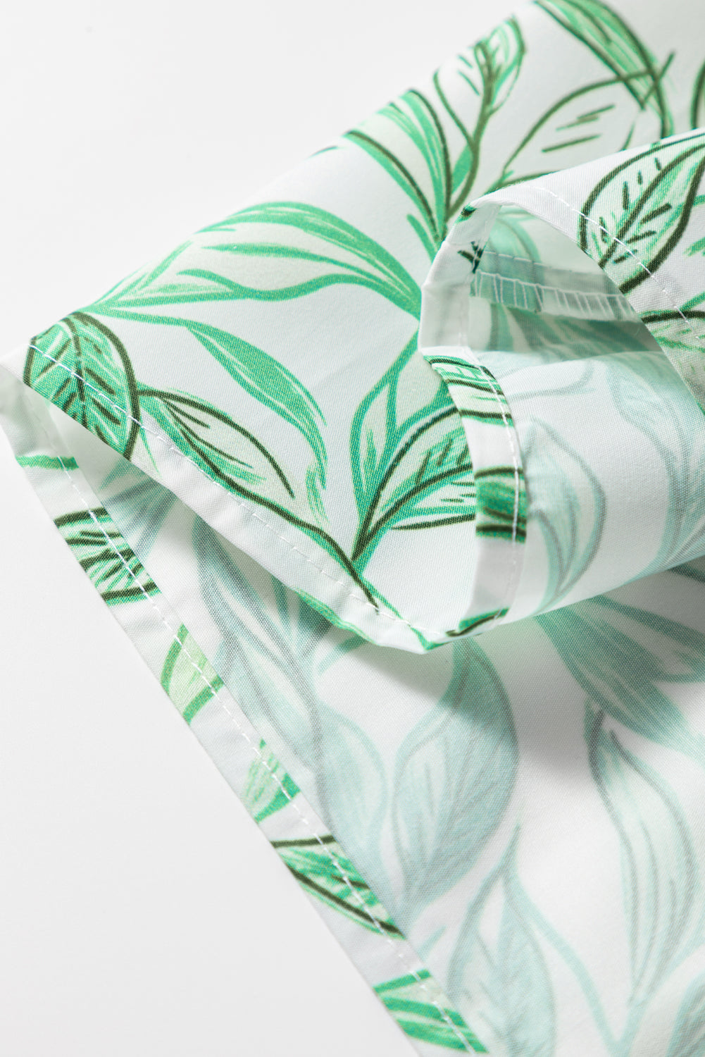 Green Leaves Pattern Color Block V Neck Puff Blouse