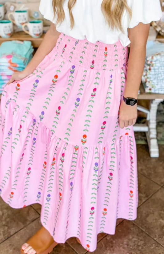 Floral smocked waist maxi skirt