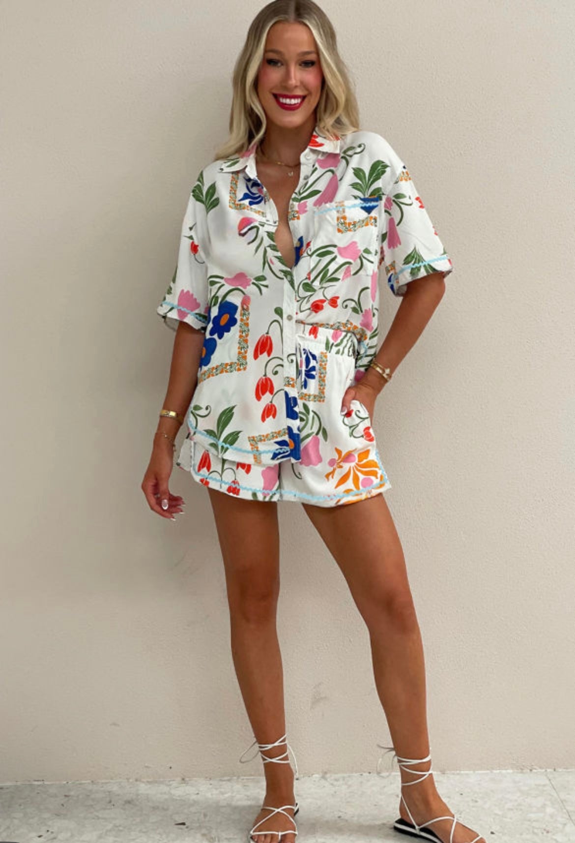 Ric rac trim floral shorts set