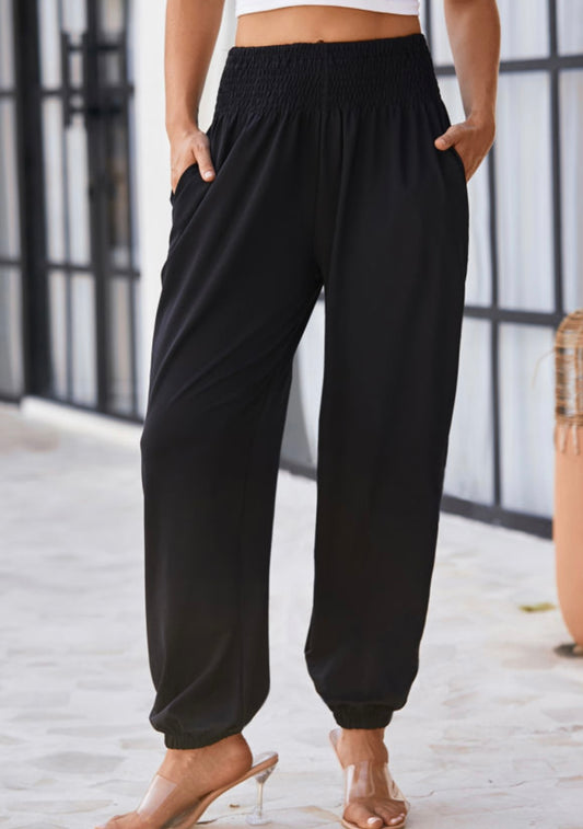 Black smocked high waisted joggers