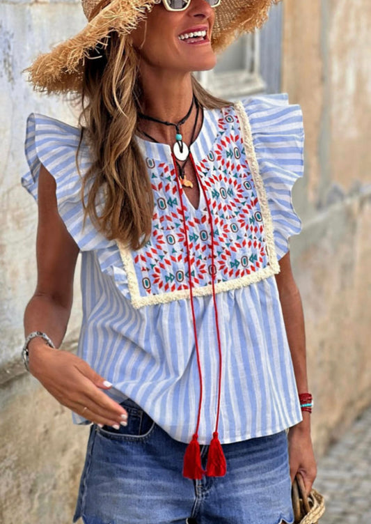 Embroidered tassel flutter blouse