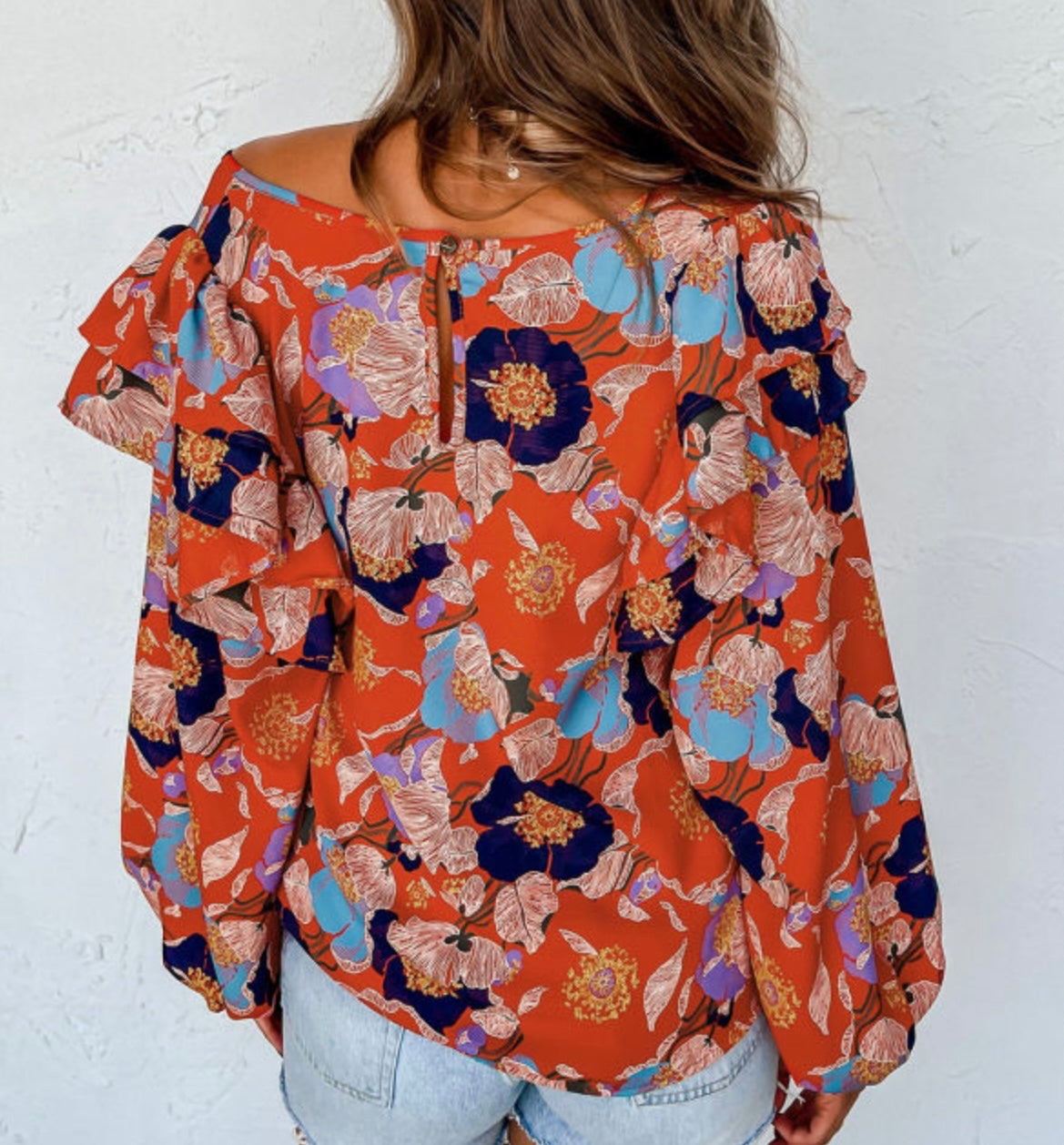 Red floral detailed sleeve blouse