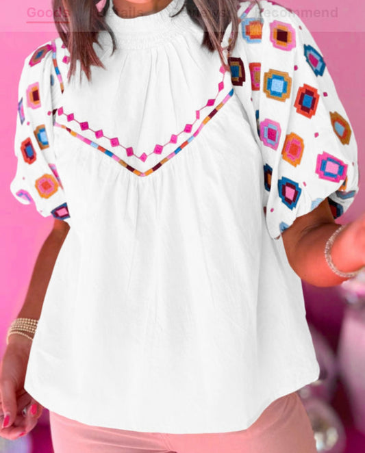 Embroidered geometric top