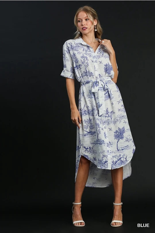 Landscape midi dress with tie waist