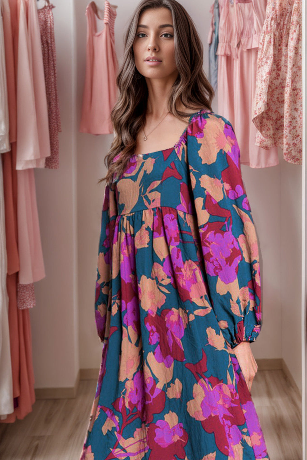 Floral square neck dress