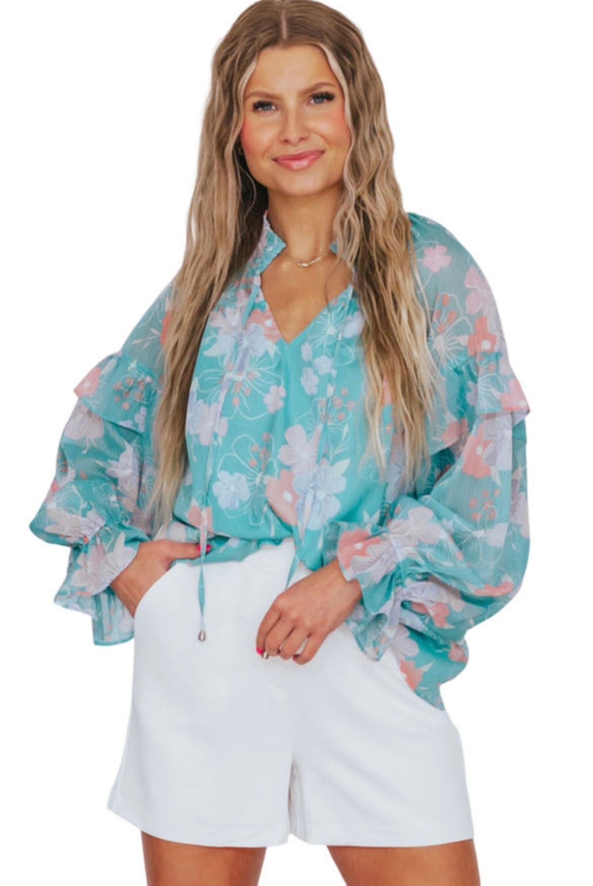 Blue floral puff sleeve blouse