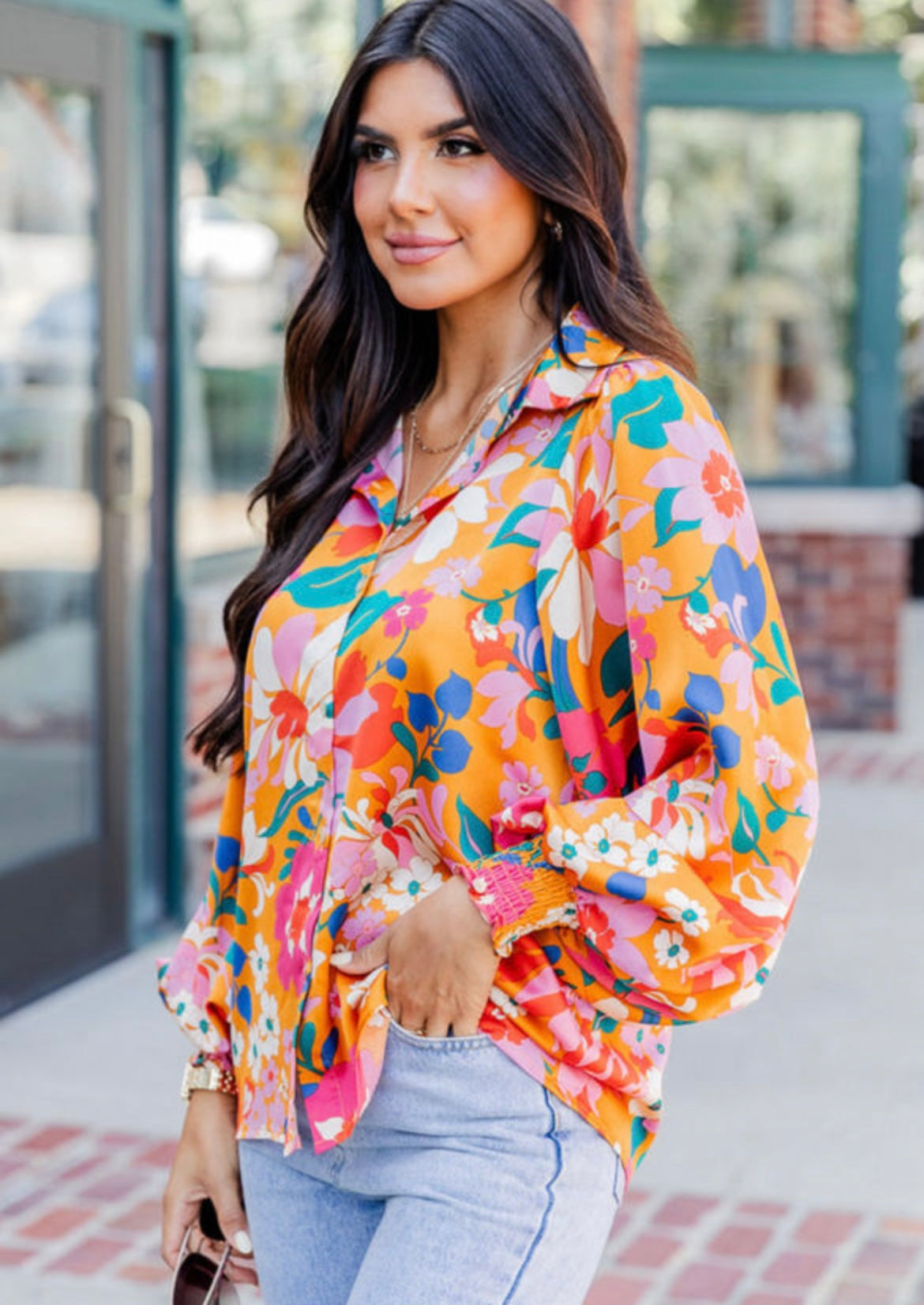 Floral bubble sleeve shirt