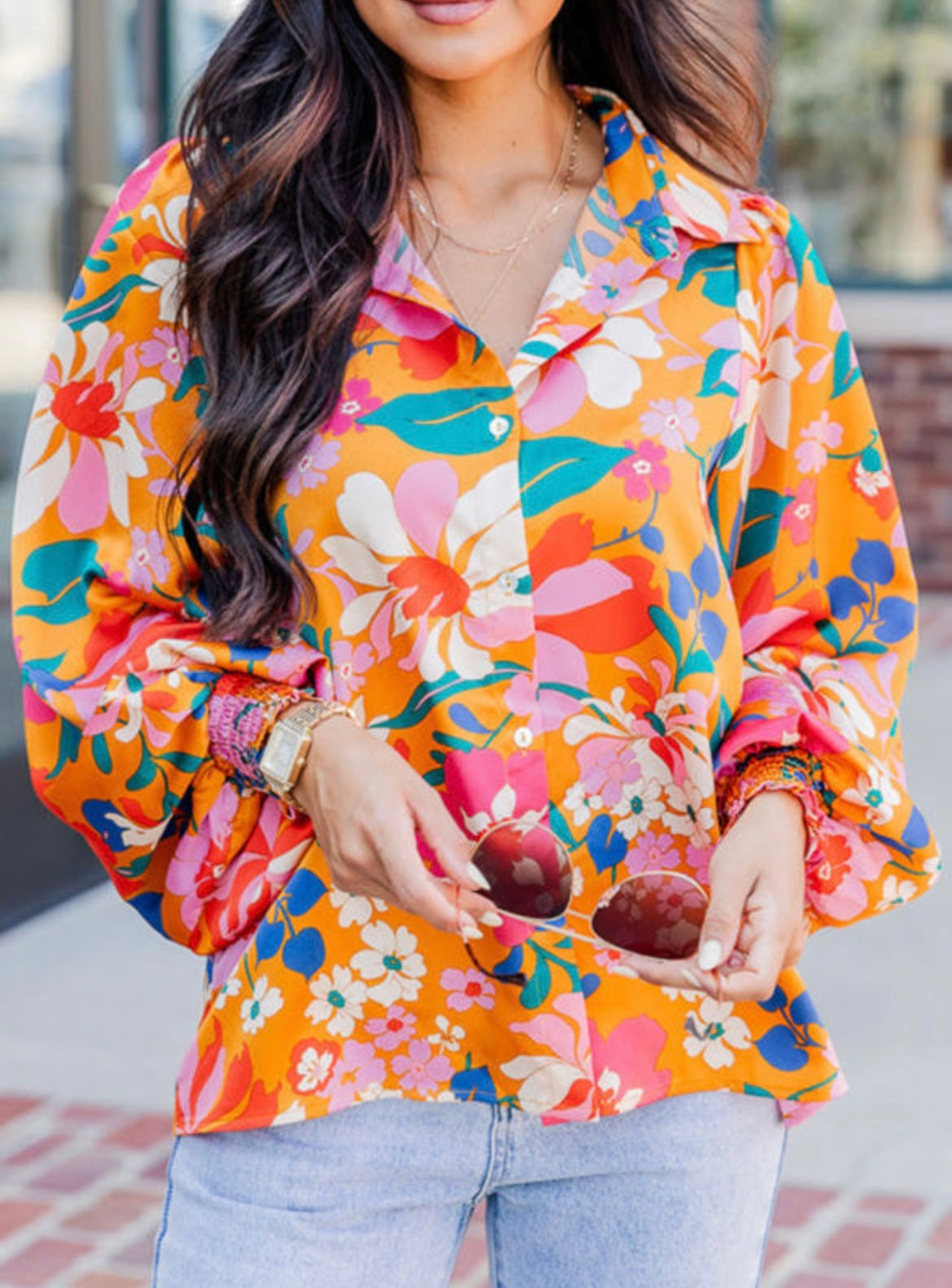 Floral bubble sleeve shirt